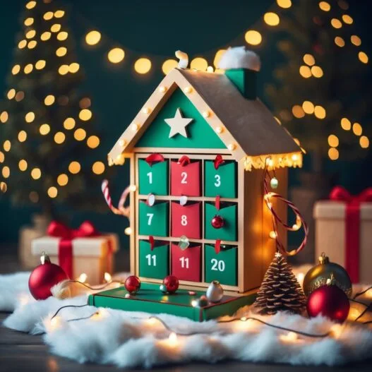 Farverig og festlig julekalender uden tekst, med sjove juleelementer og en vinterlig baggrund.